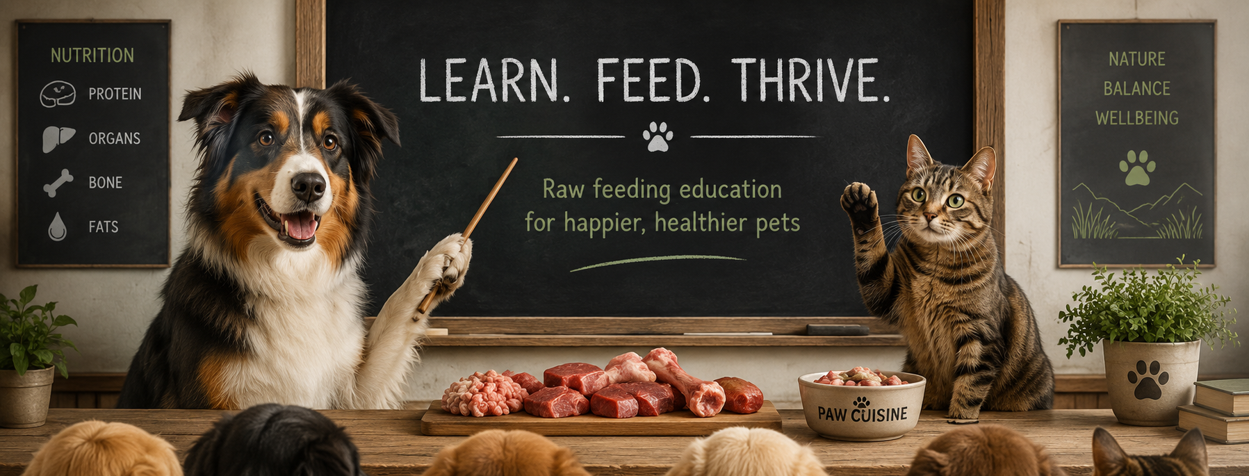 Dog and cat at a classroom-like setting with a blackboard, food, and plants.